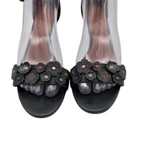 COACH Black Leather Metal and Flower Accents Ankle Strap Heels 2.5'' Size: 37.5